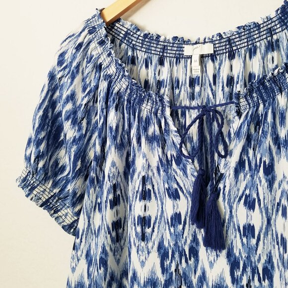Joie 100% Silk Masha Ikat Tassel Tie Short Sleeve Blouse Top M Blue Coastal $198 - Picture 9 of 12